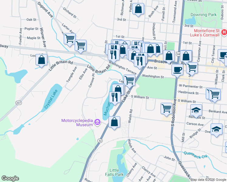 map of restaurants, bars, coffee shops, grocery stores, and more near 284 Lake Drive in Newburgh