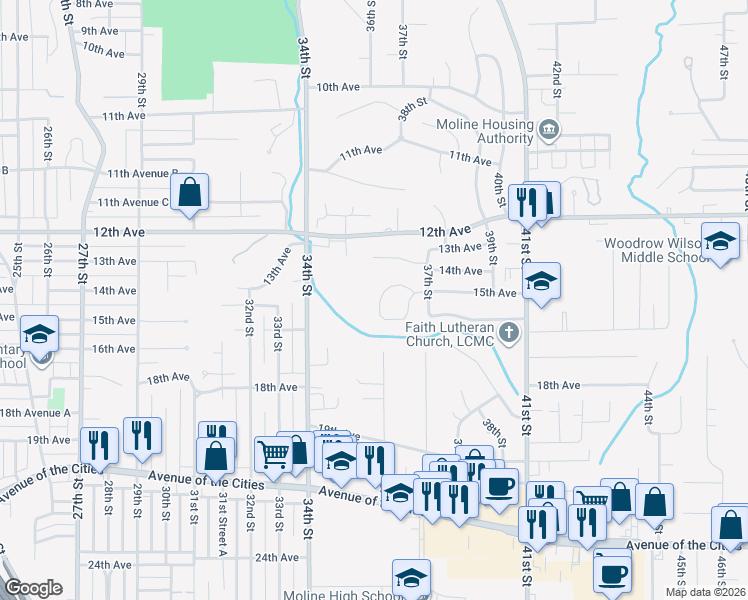map of restaurants, bars, coffee shops, grocery stores, and more near 3636 15th Avenue Court in Moline