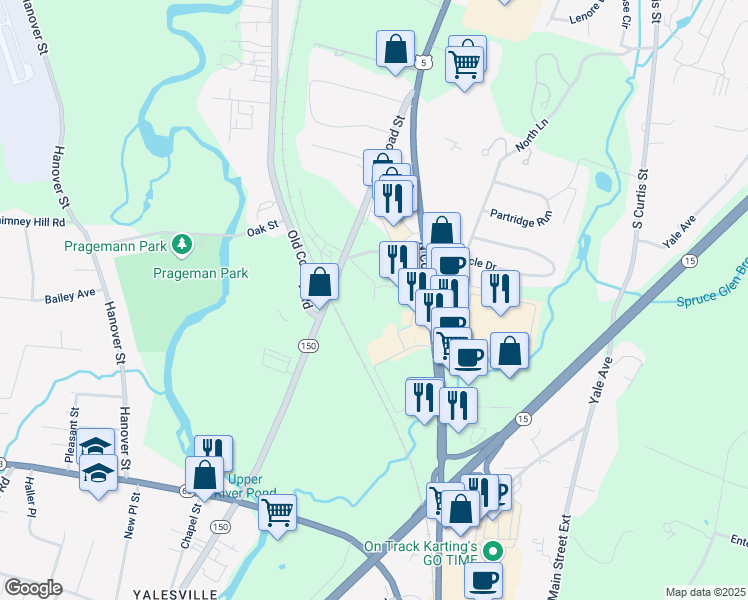 map of restaurants, bars, coffee shops, grocery stores, and more near Old Colony Road in South Central Connecticut Planning Region