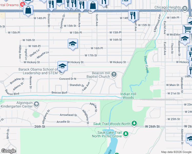 map of restaurants, bars, coffee shops, grocery stores, and more near 305 Concord Drive in Chicago Heights