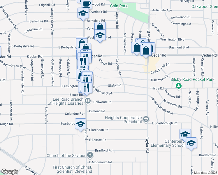 map of restaurants, bars, coffee shops, grocery stores, and more near 3288 Silsby Road in Cleveland Heights