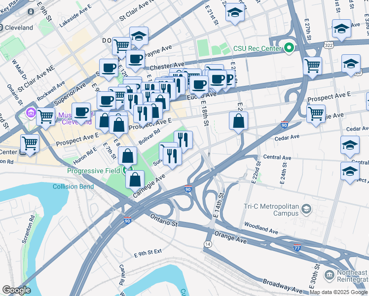 map of restaurants, bars, coffee shops, grocery stores, and more near 1320 Sumner Avenue in Cleveland