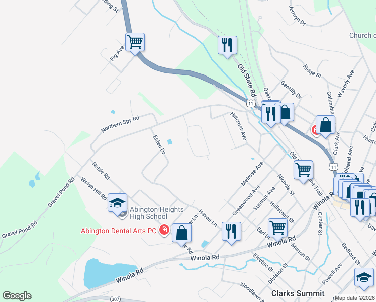 map of restaurants, bars, coffee shops, grocery stores, and more near 1096 Green Holly Road in Lackawanna County