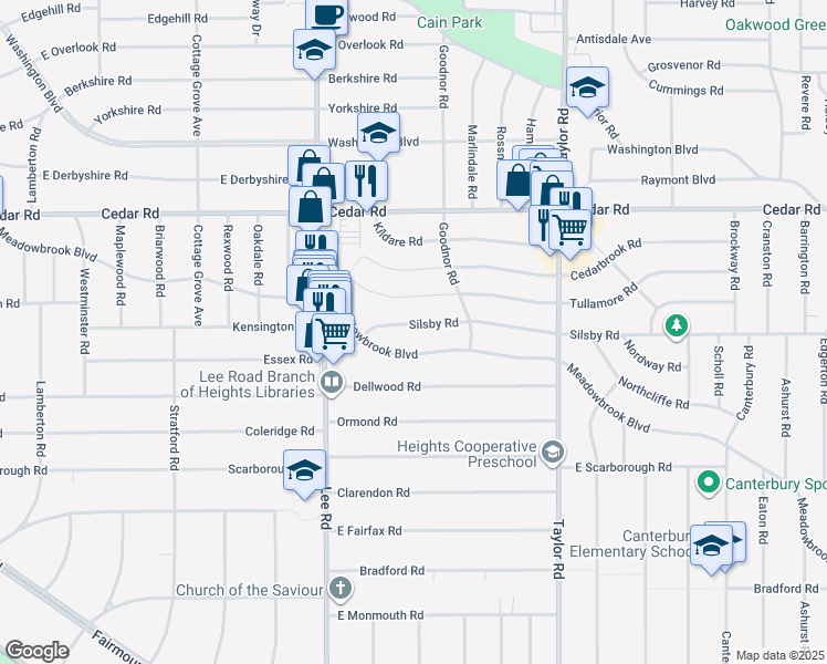 map of restaurants, bars, coffee shops, grocery stores, and more near 3288 Silsby Road in Cleveland Heights