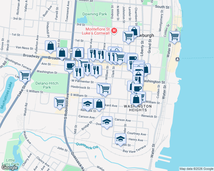 map of restaurants, bars, coffee shops, grocery stores, and more near 65 William Street in Newburgh