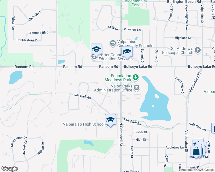 map of restaurants, bars, coffee shops, grocery stores, and more near 3212 Milestone Creek Court in Valparaiso
