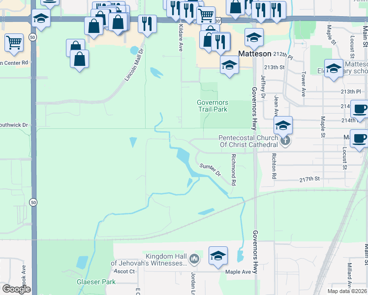 map of restaurants, bars, coffee shops, grocery stores, and more near 4213 216th Street in Matteson