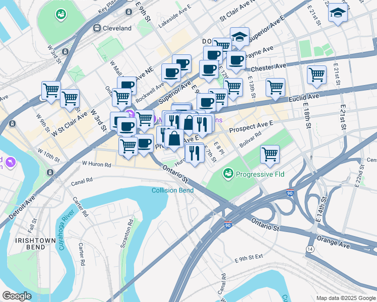 map of restaurants, bars, coffee shops, grocery stores, and more near 507 Huron Road East in Cleveland
