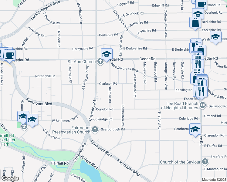 map of restaurants, bars, coffee shops, grocery stores, and more near 2277 Stillman Road in Cleveland Heights