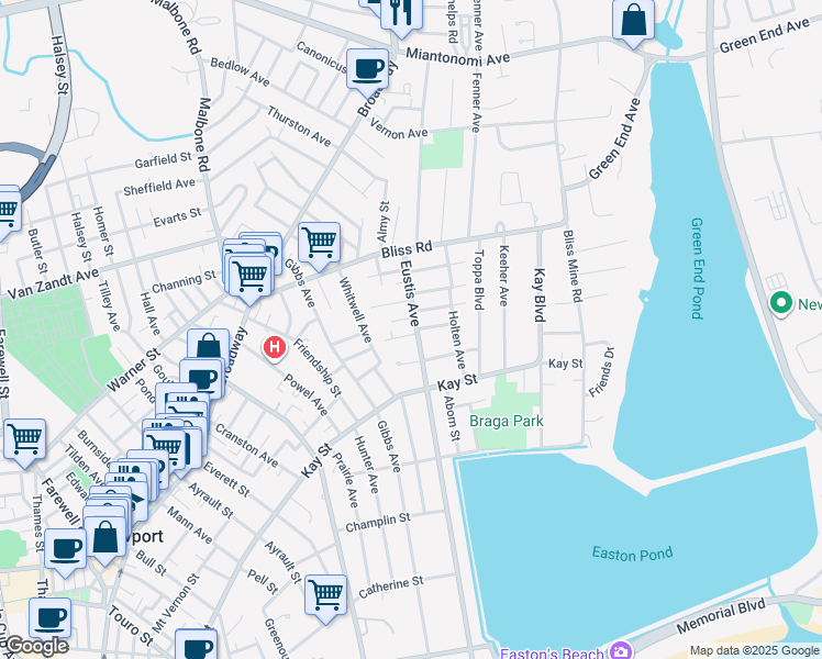 map of restaurants, bars, coffee shops, grocery stores, and more near 6 Taber Street in Newport