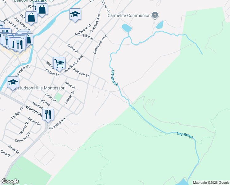 map of restaurants, bars, coffee shops, grocery stores, and more near 11 Pocket Road in Beacon