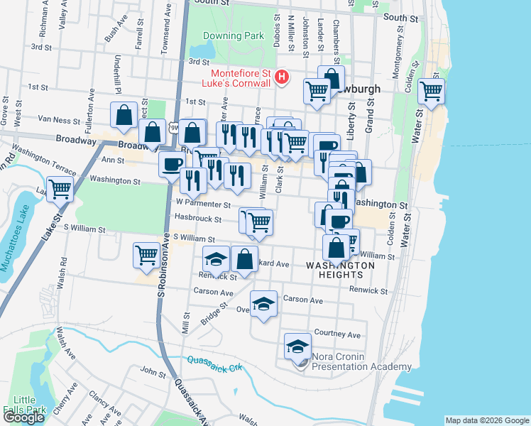 map of restaurants, bars, coffee shops, grocery stores, and more near 65 William Street in Newburgh