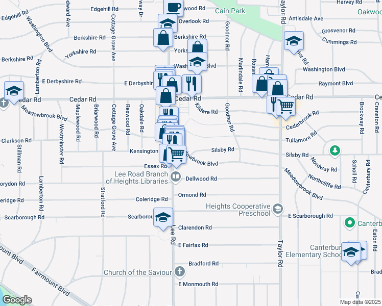 map of restaurants, bars, coffee shops, grocery stores, and more near 3236 Meadowbrook Boulevard in Cleveland Heights
