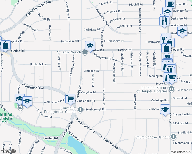 map of restaurants, bars, coffee shops, grocery stores, and more near 2277 Stillman Road in Cleveland Heights