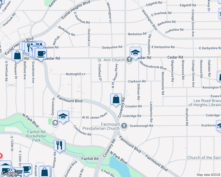map of restaurants, bars, coffee shops, grocery stores, and more near 2276 North Saint James Parkway in Cleveland Heights