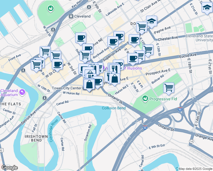 map of restaurants, bars, coffee shops, grocery stores, and more near 2103 Ontario Street in Cleveland