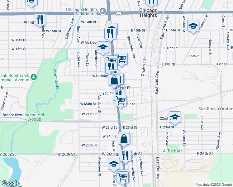 map of restaurants, bars, coffee shops, grocery stores, and more near 1906 Chicago Road in Chicago Heights