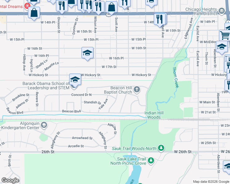map of restaurants, bars, coffee shops, grocery stores, and more near 305 Concord Drive in Chicago Heights