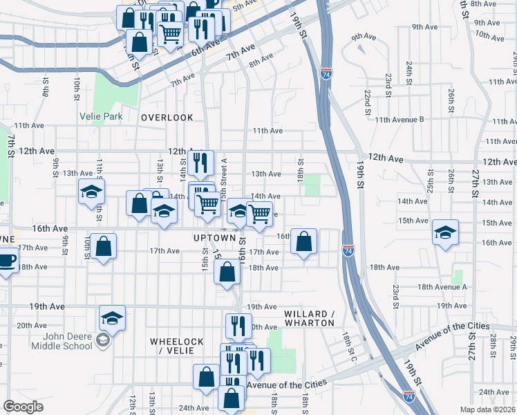 map of restaurants, bars, coffee shops, grocery stores, and more near 1605 15th Avenue in Moline