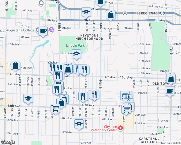 map of restaurants, bars, coffee shops, grocery stores, and more near 4301 14th Avenue in Rock Island