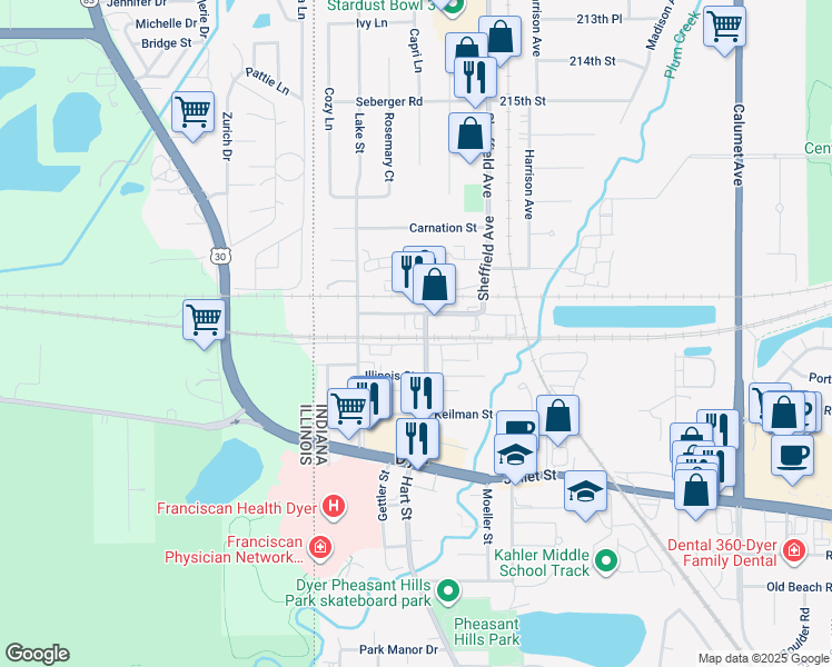 map of restaurants, bars, coffee shops, grocery stores, and more near 1832 Hart Street in Dyer