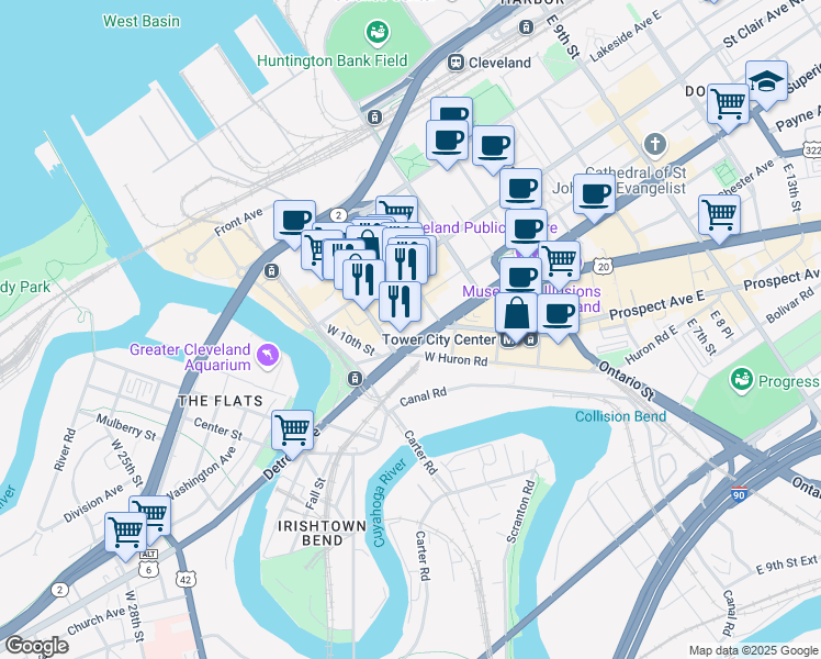 map of restaurants, bars, coffee shops, grocery stores, and more near 614 West Superior Avenue in Cleveland
