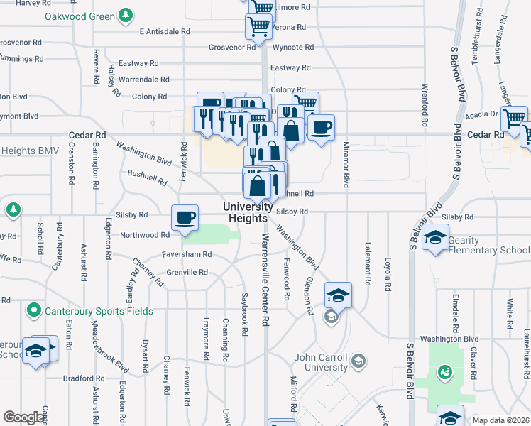 map of restaurants, bars, coffee shops, grocery stores, and more near Silsby Road in University Heights