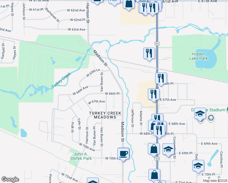 map of restaurants, bars, coffee shops, grocery stores, and more near 6655 Monroe Court in Merrillville