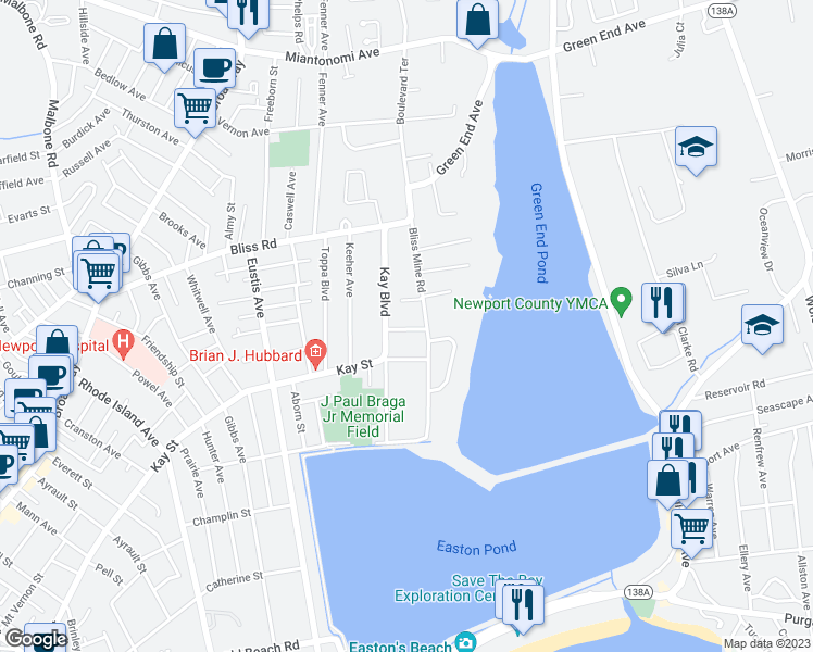 map of restaurants, bars, coffee shops, grocery stores, and more near 8 Barbara Street in Newport