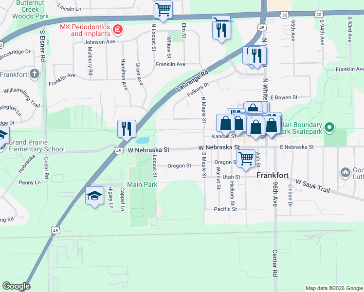 map of restaurants, bars, coffee shops, grocery stores, and more near 266 West Nebraska Street in Frankfort