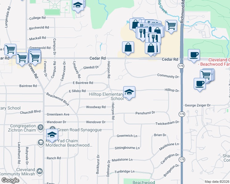 map of restaurants, bars, coffee shops, grocery stores, and more near 2255 Halcyon Road in Beachwood