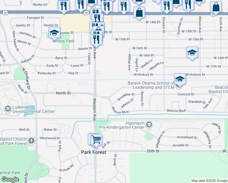 map of restaurants, bars, coffee shops, grocery stores, and more near 631 Andover Street in Chicago Heights