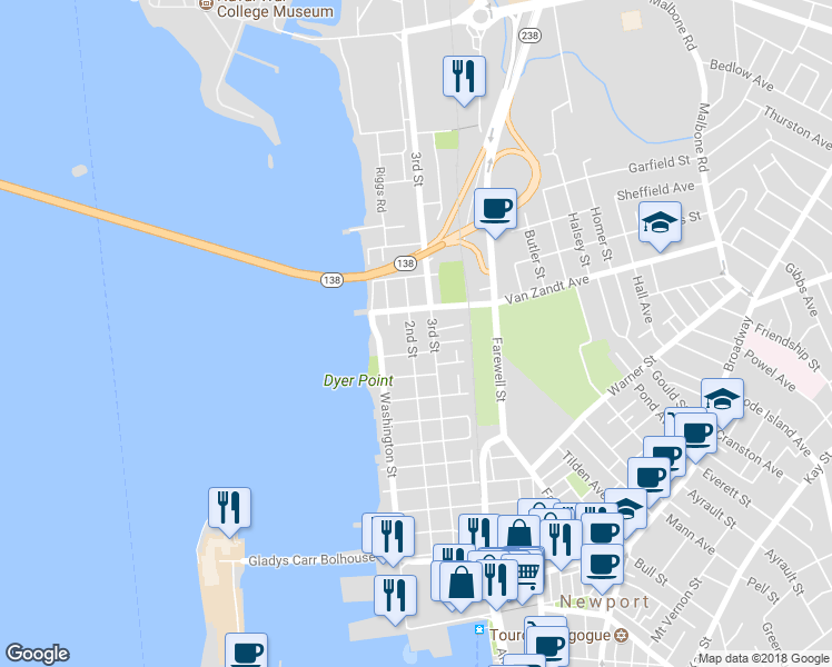 map of restaurants, bars, coffee shops, grocery stores, and more near 91 2nd Street in Newport