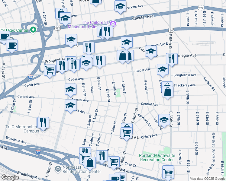 map of restaurants, bars, coffee shops, grocery stores, and more near 3742 Stanley Tolliver in Cleveland
