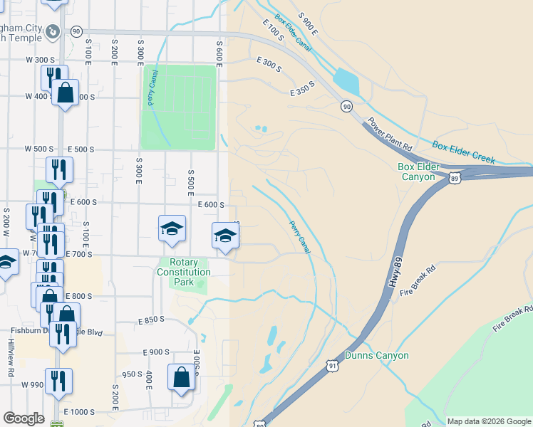 map of restaurants, bars, coffee shops, grocery stores, and more near 624 South 900 East in Brigham City
