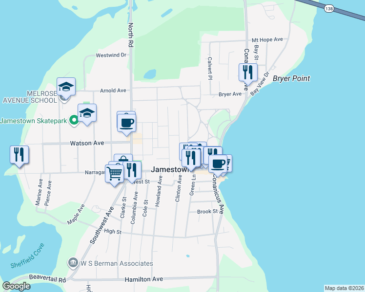 map of restaurants, bars, coffee shops, grocery stores, and more near 4 Standish Road in Jamestown