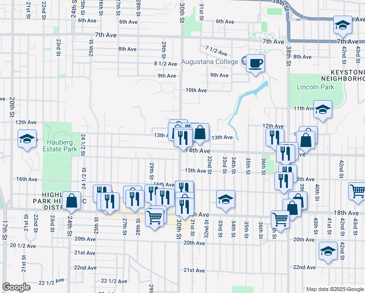 map of restaurants, bars, coffee shops, grocery stores, and more near 1319 30th Street in Rock Island