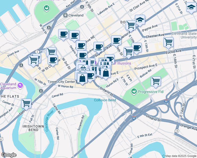 map of restaurants, bars, coffee shops, grocery stores, and more near 112 Prospect Avenue East in Cleveland