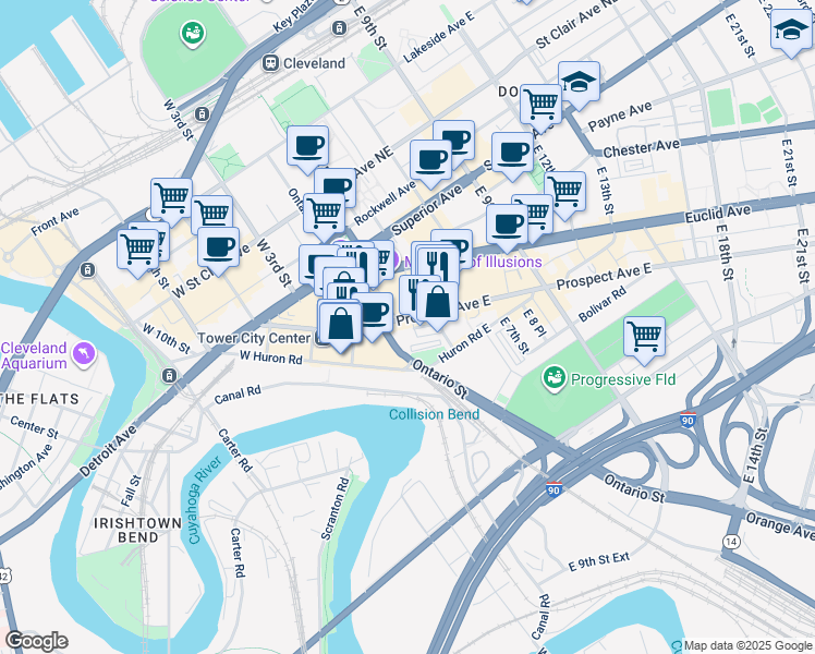 map of restaurants, bars, coffee shops, grocery stores, and more near 112 Prospect Avenue East in Cleveland