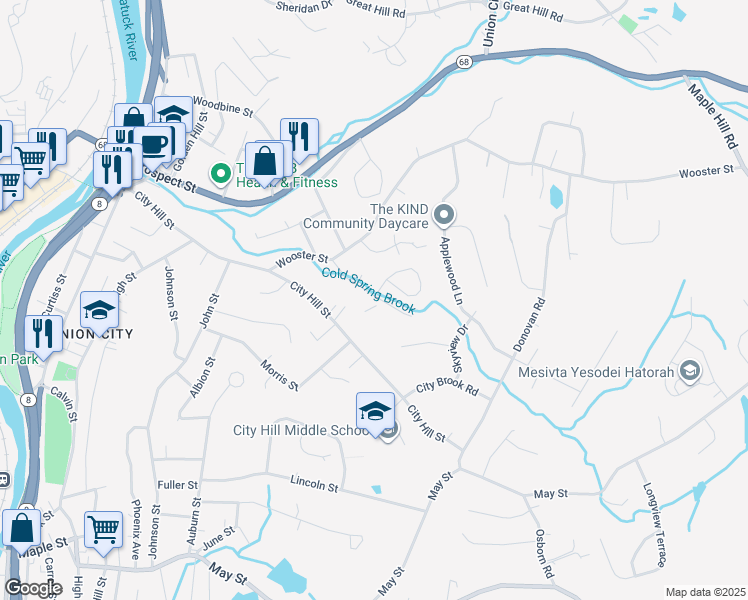 map of restaurants, bars, coffee shops, grocery stores, and more near 51 Brook Street in Naugatuck