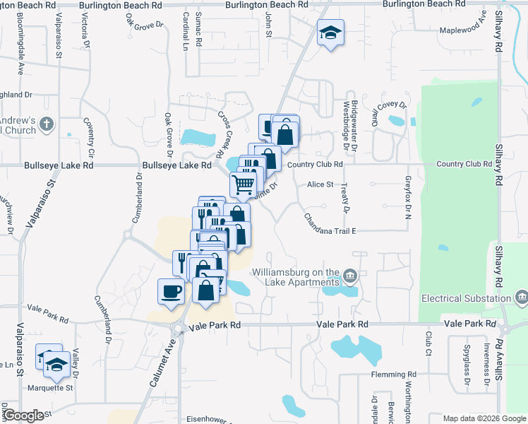 map of restaurants, bars, coffee shops, grocery stores, and more near 3203 Black Partridge Lane in Valparaiso
