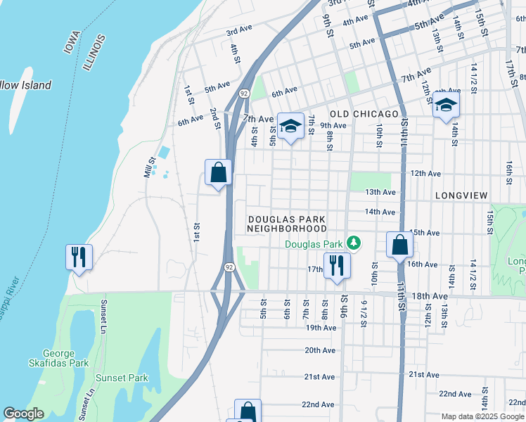 map of restaurants, bars, coffee shops, grocery stores, and more near 1400 5th Street in Rock Island