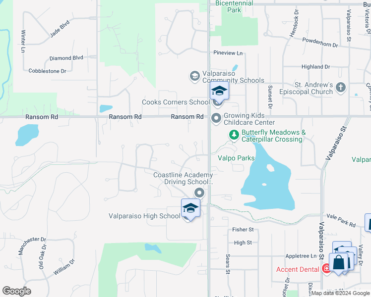 map of restaurants, bars, coffee shops, grocery stores, and more near 3212 Milestone Creek Court in Valparaiso