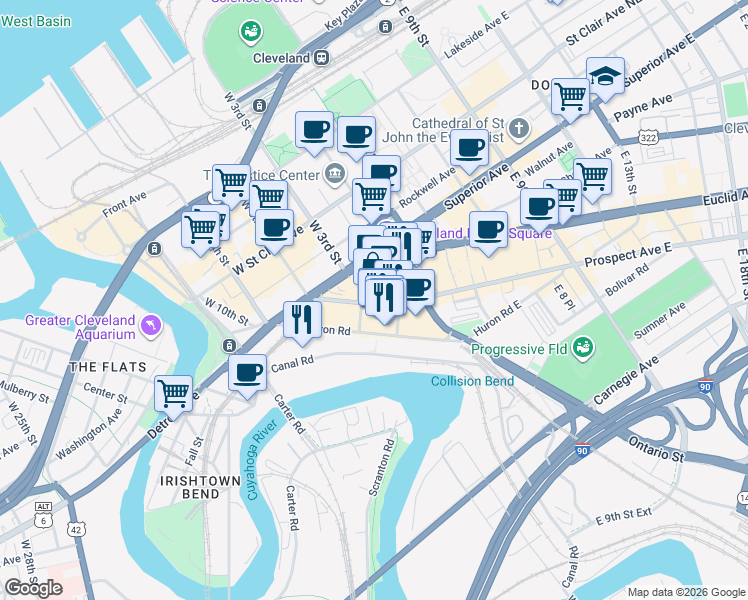 map of restaurants, bars, coffee shops, grocery stores, and more near 230 West Huron Road in Cleveland