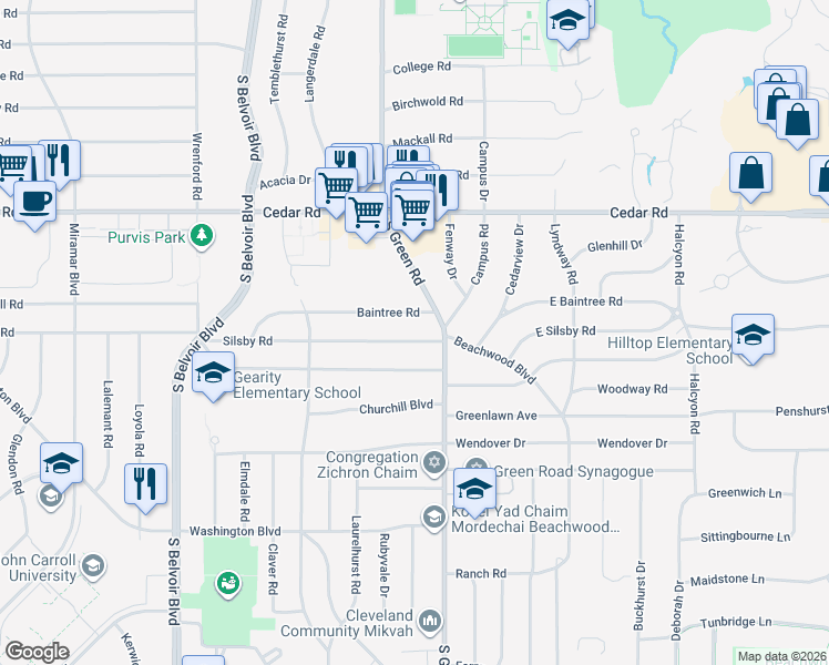 map of restaurants, bars, coffee shops, grocery stores, and more near 2288 South Green Road in Beachwood