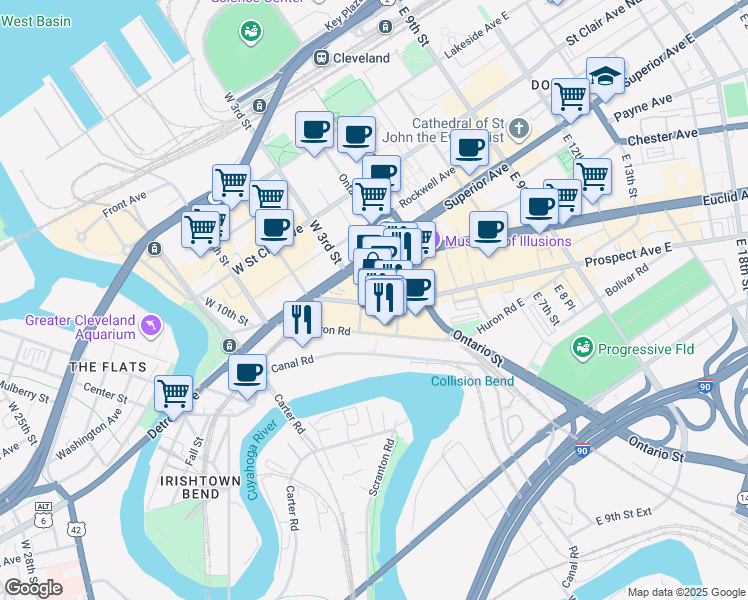 map of restaurants, bars, coffee shops, grocery stores, and more near 230 West Huron Road in Cleveland