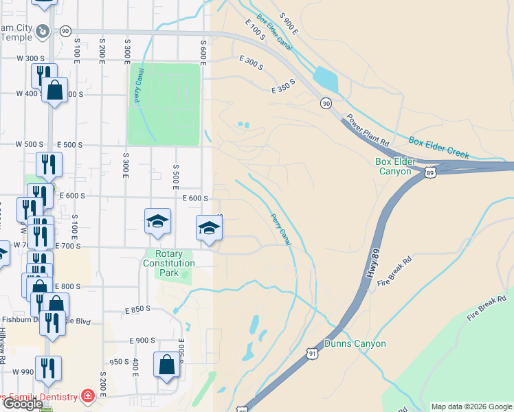 map of restaurants, bars, coffee shops, grocery stores, and more near 624 South 900 East in Brigham City