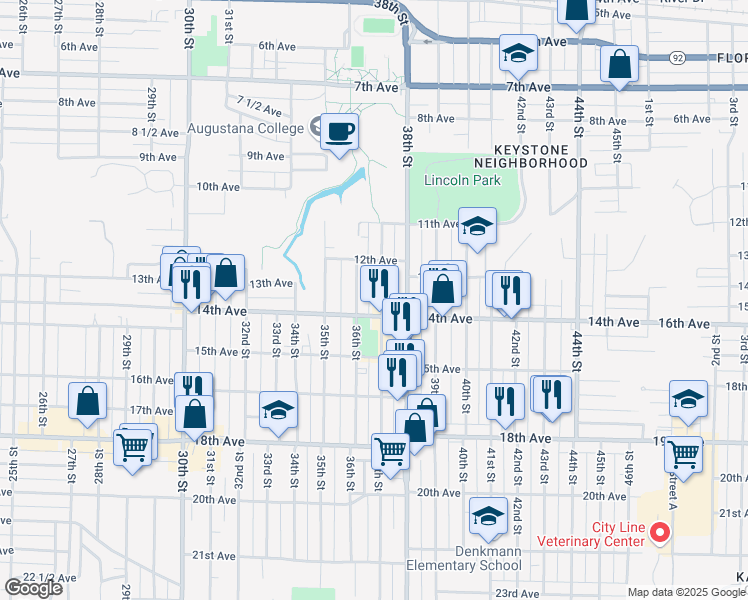 map of restaurants, bars, coffee shops, grocery stores, and more near 1242 37th Street in Rock Island