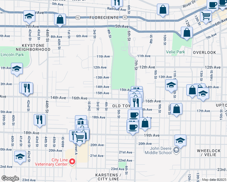map of restaurants, bars, coffee shops, grocery stores, and more near 427 16th Avenue in Moline