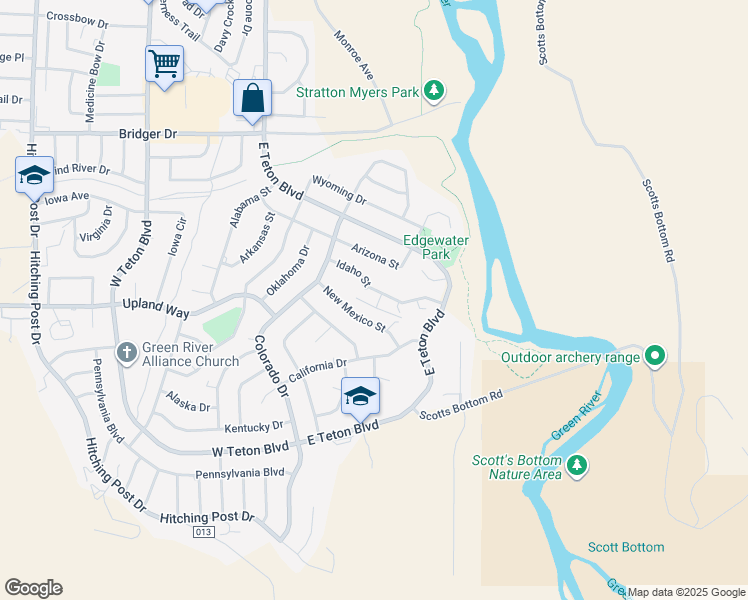 map of restaurants, bars, coffee shops, grocery stores, and more near 1765 New Mexico Street in Green River
